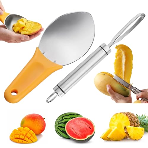 Mangoschneider Edelstahl,Forreen 2 Stück Melonenschneider Multifunktionaler Mango-Entkerner-Schäler Melonenausstecher mit Ergonomischem Rutschfestem Griff für Wassermelone,Mango,Ananas von Forreen