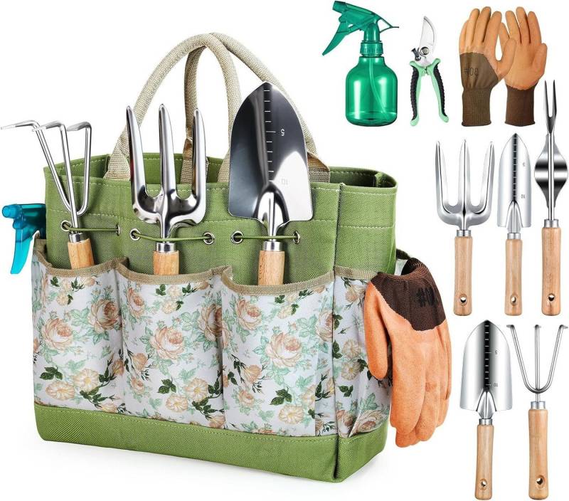 Forrlite Gartenpflege-Set Gartenwerkzeug Set 9-teilig Gartengeräte mit ergonomischen Holzgriff, Handschaufel, Handgabel, Unkrautstecher, Handkelle, Handharke & Schere von Forrlite
