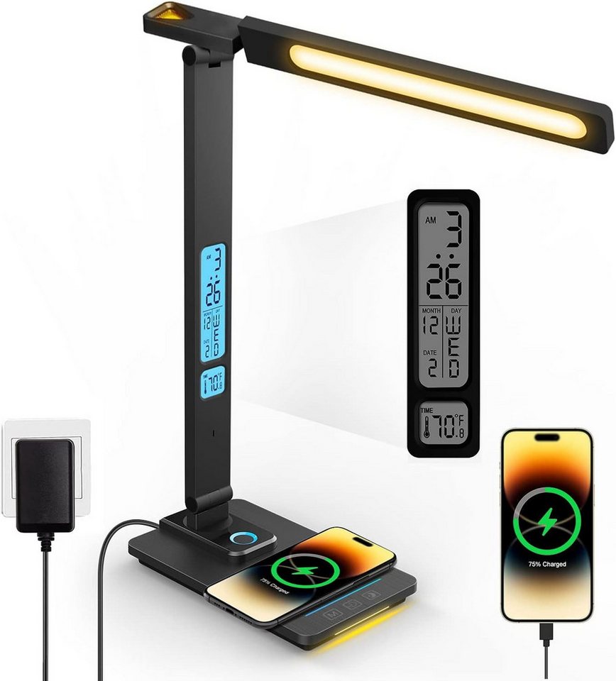 Forrlite LED Schreibtischlampe LED fest integriert LED Tischlampe Dimmbar, kabelloses Laden, USB-Ladefunktion, 3 Farbtemperaturmodi und 5 Helligkeitsstufen, Temperatur-, Alarm- & Kalenderfunktion Forrlite LED Schreibtischlampe LED fest integriert LED Tischlampe Dimmbar, kabelloses Laden, USB-Ladefunktion, 3 Farbtemperaturmodi und 5 Helligkeitsstufen, Temperatur-, Alarm- & Kalenderfunktion von Forrlite