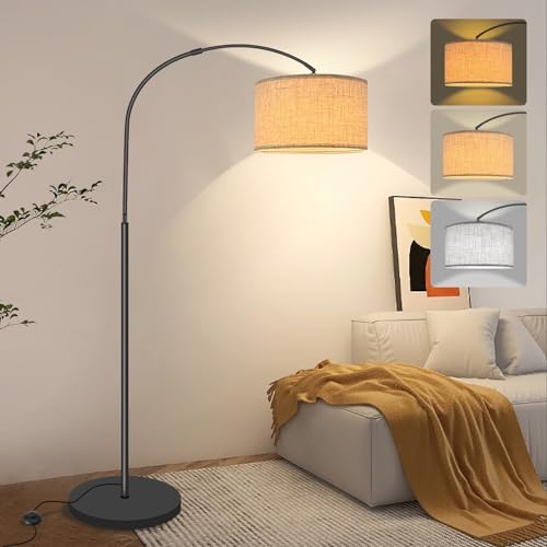 Fortand Bogenlampe Wohnzimmer Stehlampe, LED Stehleuchte mit 3 Farbtemperaturen 12W E27 Bogenleuchte Modern Standleuchte Leselampe mit Leinen Lampenschirm &Fußschalter Retro für Schlafzimmer von Fortand