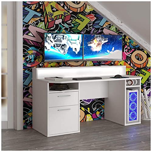 Forte TEZAUR Gaming Schreibtisch mit 1 Tür und 1 Schublade, Holzwerkstoff, Weiß, (B/H/T): 160 / 91,1 / 72 cm von Forte