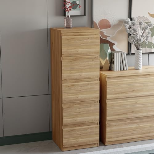 FORTE EDMORE Hohe Kommode 40 45 mit 5 Schubladen, Mauvella Eiche Dekor, 41,8 cm breit x 128 cm hoch x 42,2 cm tief von Forte