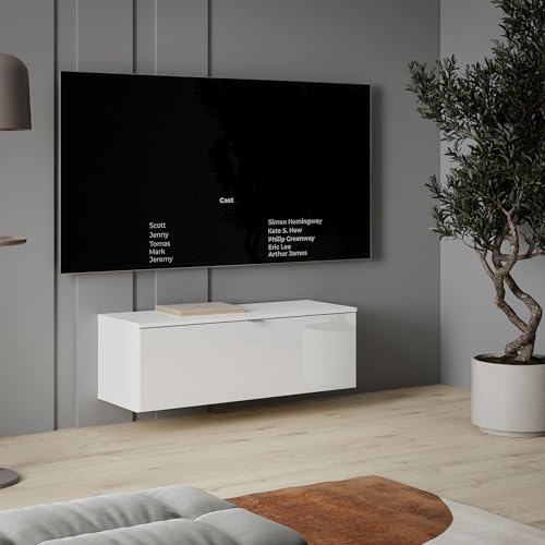 FORTE LIBERTAD moderner Fernsehtisch TV Schrank Lowboard 100 200 300 für Fernseher 55 65 80 Zoll, Wohnzimmer, hängend oder stehend, Weiß Hochglanz, 99,9 cm breit x 35,4 cm hoch x 34,8 cm tief von Forte