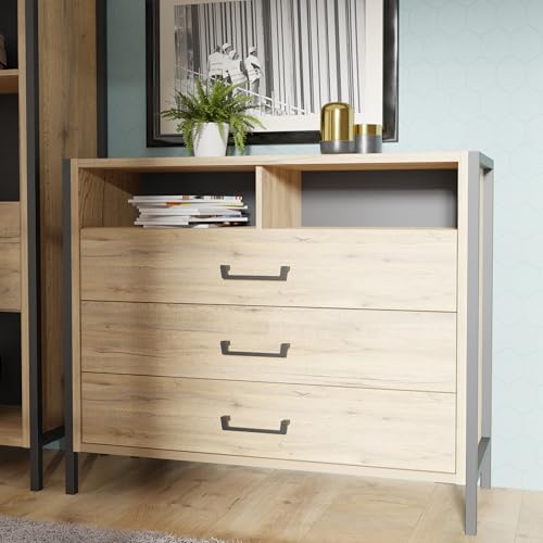 FORTE Oriental Tree Industrielle Kommode 110 mit 3 Schubladen und 2 Fächern, Bartex Eiche Dekor/Schwarz, 109,4 cm breit x 90,7 cm hoch x 41,5 cm tief FORTE Oriental Tree Industrielle Kommode 110 mit 3 Schubladen und 2 Fächern, Bartex Eiche Dekor/Schwarz, 109,4 cm breit x 90,7 cm hoch x 41,5 cm tief von Forte