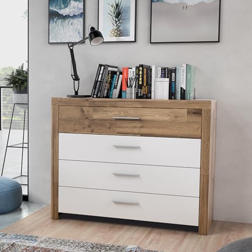 FORTE RICCIANO Sideboard 111 mit 4 Schubladen, Stabeiche Dekor/Weiß Matt, 111 cm breit x 88,1 cm hoch x 41 cm tief von Forte