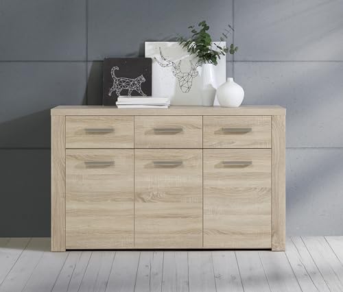 Forte BALTIMORE Sideboard mit 3 Schubladen und 3 Türen, Holzwerkstoff, Sonoma Eiche, B x H x T: 136 x 83 x 41,3 cm von Forte Möbel