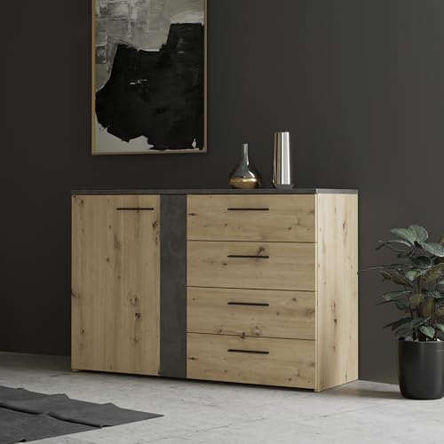 Forte FOTYNA Kommode mit 4 Schubladen und 1 Tür, Holzwerkstoff, Artisan Eiche/Betonoptik Dunkelgrau, B x H x T: 119,8 x 80,5 x 41,3 cm von Forte Möbel