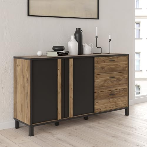 Forte HAYATO Sideboard mit 3 Schubladen und 2 Türen, Holzwerkstoff, Alpine Bicea/Schwarz, B x H x T: 154,5 x 85,2 x 42 cm von Forte Möbel