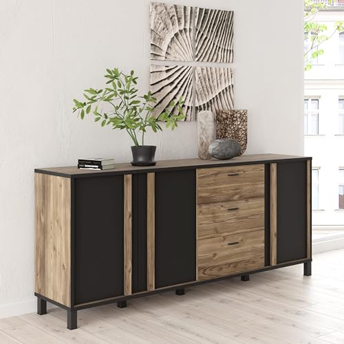 Forte HAYATO Sideboard mit 3 Schubladen und 3 Türen, Holzwerkstoff, Alpine Bicea/Schwarz, B x H x T: 199,5 x 85,2 x 42 cm von Forte Möbel