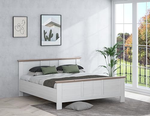Forte ILOPPA Bett 190 200, Weißes Bett im Landhausstil, Bettgestell, Liegefläche: 180 cm x 200 cm, Holzwerkstoff, Nelson Eiche/Schneeeiche Holzdekor, 193 cm breit x 95,2 cm hoch x 210,4 cm tief von Forte