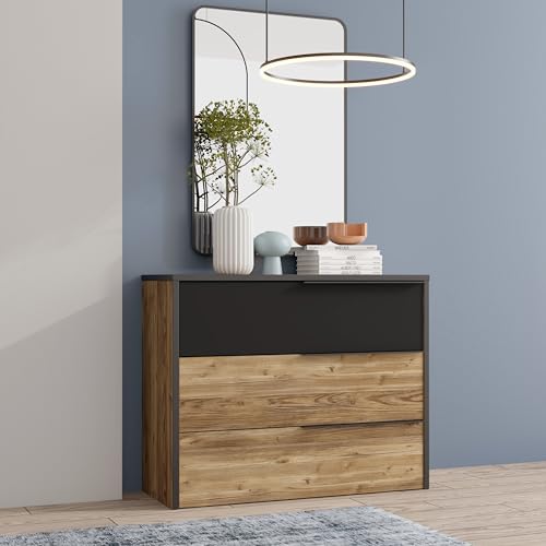 Forte JABIM Kommode mit 3 Schubladen, Holzwerkstoff, Alpine Bicea/Schwarz, B x H x T: 99,8 x 79,9 x 41,5 cm von Forte