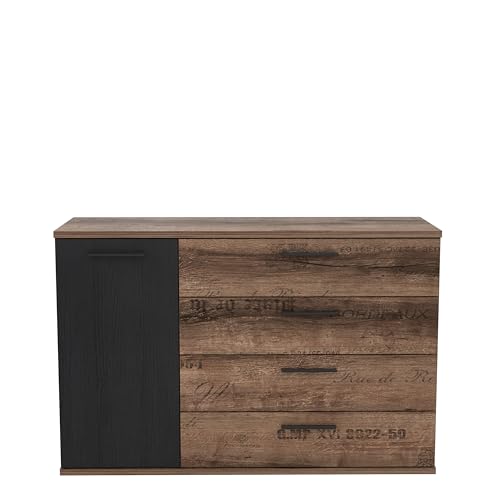 Forte JACKY Sideboard mit 4 Schubladen und 1 Tür, Holzwerkstoff, Script-Schlameiche/Schwarz Eiche, B x H x T: 124,9 x 83,1 x 41,3 cm von Forte Möbel