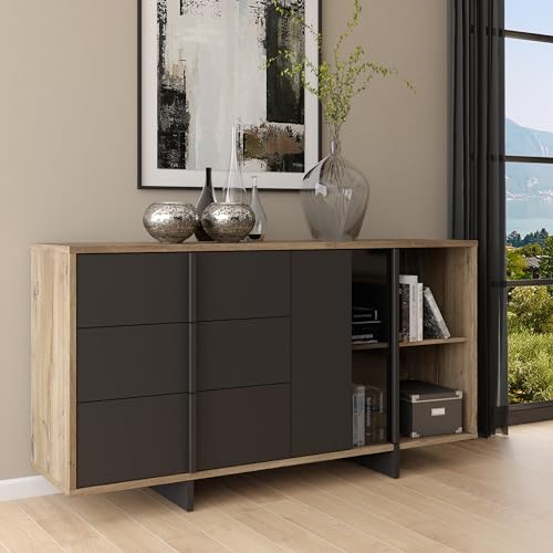 Forte JOKKAZ Sideboard mit 3 Schubladen und 1 Tür, Holzwerkstoff, Flagstaff Eiche/Schwarz, B x H x T: 159,6 x 85,7 x 42 cm von Forte Möbel