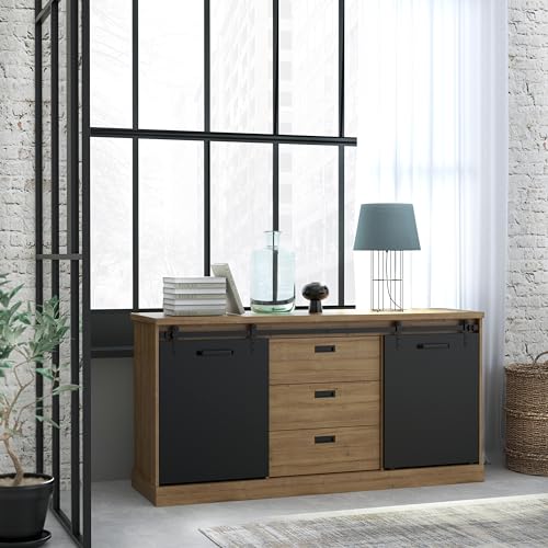 Forte KASZIMIRO Sideboard mit 3 Schubladen und 2 Türen, Holzwerkstoff, Waterford Eiche/Schwarz, B x H x T: 173,3 x 88,2 x 52 cm von Forte Möbel