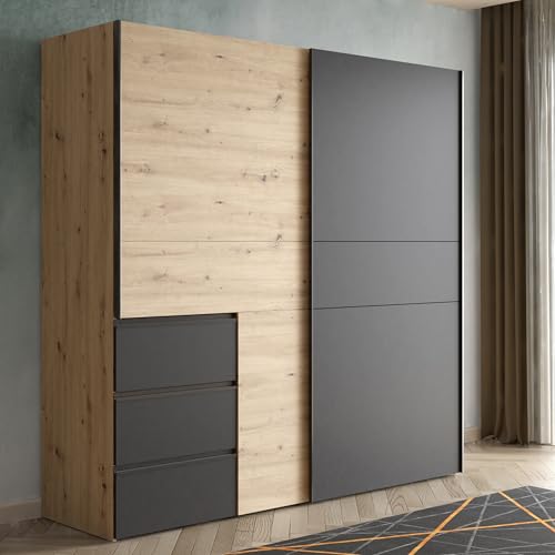 FORTE LUCYKO Kleiderschrank 200, Schrank mit 2 Schwebetüren und 3 Schubladen, Holzwerkstoff, Artisan Eiche Dekor/Schwarz, 200,1 cm breit, 200,5 cm hoch, 61,2 cm tief FORTE LUCYKO Kleiderschrank 200, Schrank mit 2 Schwebetüren und 3 Schubladen, Holzwerkstoff, Artisan Eiche Dekor/Schwarz, 200,1 cm breit, 200,5 cm hoch, 61,2 cm tief von Forte