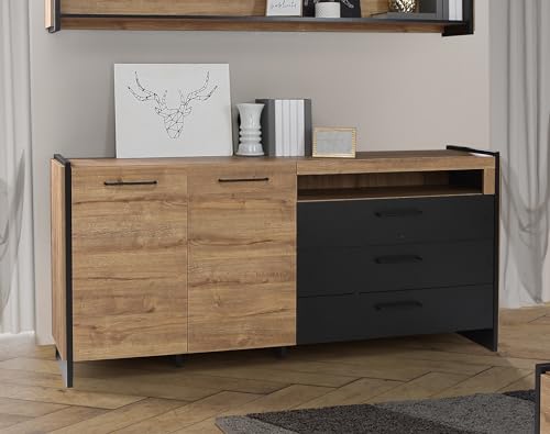 Forte MANN RIVER Sideboard mit 3 Schubladen und 2 Türen, Holzwerkstoff, Waterford Eiche/Schwarz, B x H x T: 186,5 x 86,1 x 41,3 cm von Forte Möbel