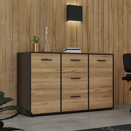 Forte MOKKARO Sideboard mit 3 Schubladen und 2 Türen, Holzwerkstoff, Catania Eiche/Schwarz, B x H x T: 141,2 x 84,9 x 42 cm von Forte