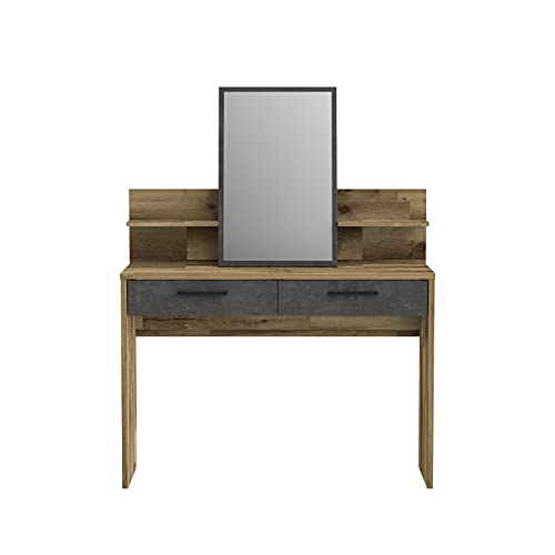 Forte RICCIANO Schminktisch 110 120, Moderner Schminktisch mit 2 Schubladen, Frisiertisch, Holzwerkstoff, Betonoptik Dunkelgrau/Stabeiche Holydekor, 114,5 cm breit x 147,1 cm hoch x 41,3 cm tief von Forte