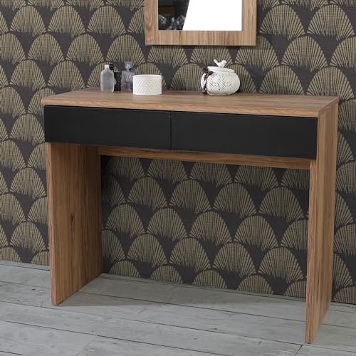 Forte DALATE Schminktisch 100, moderner Schminktisch mit 2 Schubladen, Schlafzimmer, Holzwerkstoff, Catania Eiche Holzdekor/Schwarz, 100,3 cm breit x 79,9 cm hoch x 41,3 cm tief von Forte