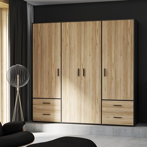 Forte Kleiderschrank, Holzwerkstoff, schwarz + Catania Eiche, 206 x 200 x 53 cm von Forte