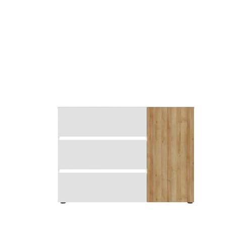 Forte LENYBELARDO Sideboard mit 3 Schubladen und 1 Tür, Holzwerkstoff, Riviera Eiche/Weiß Glanz, B x H x T: 114,9 x 81,7 x 41,1 cm von Forte Möbel
