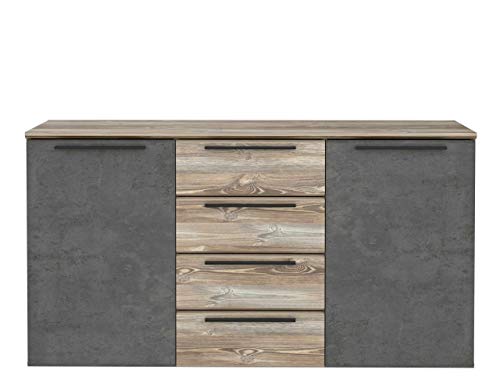 Forte MINDI Sideboard mit 4 Schubladen und 2 Türen, Holzwerkstoff, Picea Kiefer/Betonoptik Dunkelgrau, B x H x T: 149,6 x 80,8 x 41,3 cm von Forte Möbel