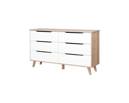 Forte VANKKA Kommode mit 6 Schubladen, Holzwerkstoff, Planked Eiche/Weiß, B x H x T: 154,7 x 86,3 x 42 cm von Forte Möbel