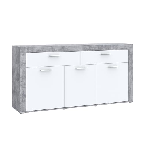 Forte ZUMBA Sideboard mit 2 Schubladen und 3 Türen, Holzwerkstoff, Weiß/Betonoptik Lichtgrau, B x H x T: 175,5 x 88,3 x 41 cm von Forte Möbel