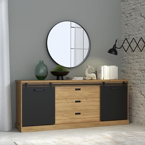 Forte KASZIMIRO Sideboard mit 3 Schubladen und 2 Türen, Holzwerkstoff, Waterford Eiche/Schwarz, B x H x T: 213,4 x 88,2 x 52 cm von Forte