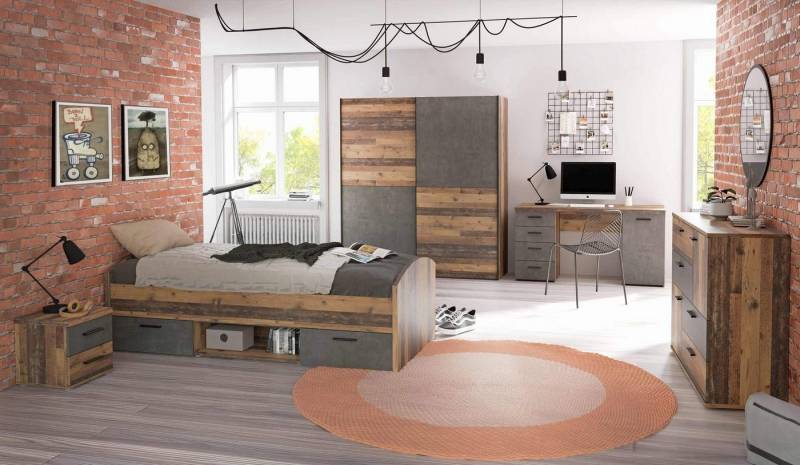 FORTE Komplettschlafzimmer Jugendzimmer Kinderzimmer WINNIE 5-tlg. Old Wood und Beton Optik, (Komplett-Set, 5-St., Nachtkommode, Jugendbett, Schreibtisch, Kleiderschrank und Sideboard) von FORTE