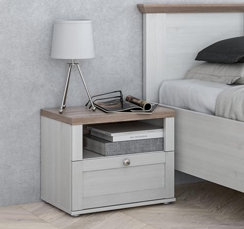 Forte ILOPPA Nachttisch 50 60, Nachschränkchen mit 1 Schublade, Nachttisch im Landhausstil, Nachtkommode, Holzwerkstoff, Nelson Eiche/Schnee Eiche Holzdekor, 55,4 cm breit x 45 cm hoch x 34,4 cm tief Forte ILOPPA Nachttisch 50 60, Nachschränkchen mit 1 Schublade, Nachttisch im Landhausstil, Nachtkommode, Holzwerkstoff, Nelson Eiche/Schnee Eiche Holzdekor, 55,4 cm breit x 45 cm hoch x 34,4 cm tief von Forte