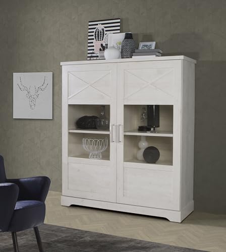 Forte ROCKHAMPTON Vitrine mit 2 Türen im Landhausstil, Standvitrine, Vitrinenschrank, Wohnzimmervitrine, Holzwerkstoff, Pinie Weiß Holzdekor, 133,2 cm breit x 151,8 cm hoch x 42 cm tief von Forte