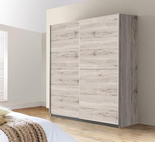 Forte Winner Möbel-Set 170, Moderner Kleiderschrank mit Schwebetüren + Einlegeböden + Schubladenkommode + Türstopper, Holzwerkstoff, Sandeiche Holzdekor, 170,3 cm breit x 190,5 cm hoch x 61,2 cm tief von Forte