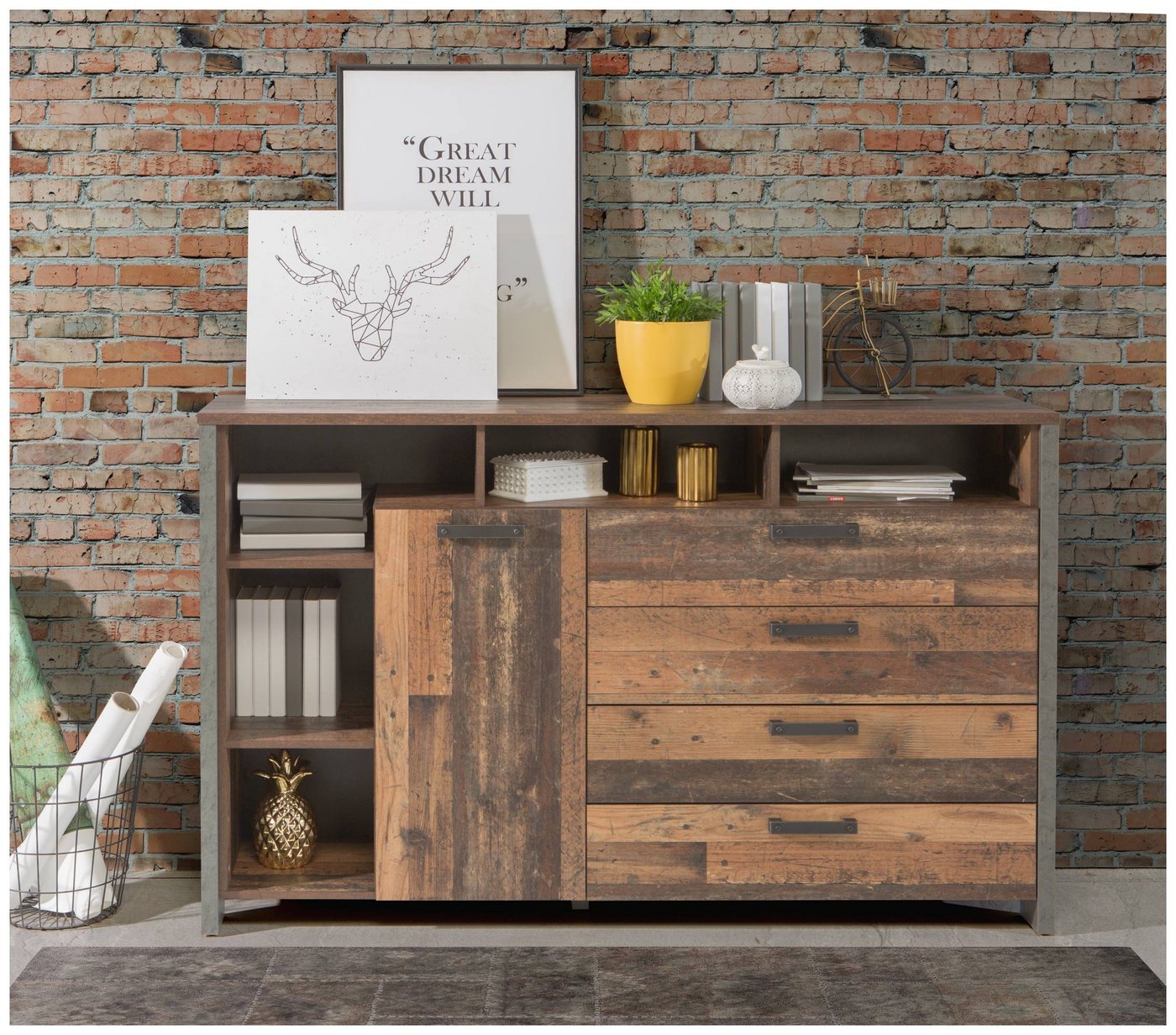 FORTE Sideboard Kommode Sideboard CLIF 1 Tür 4 Schubladen Old Wood Optik, von Forte von FORTE