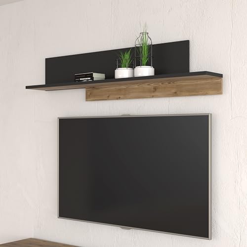 Forte HAYATO Wandboard 150 160, Wandregal, Wandpaneel, Wohnzimmerdekoration, Dekoregal, Holzwerkstoff, Schwarz/Alpenfichte Holzdekor, 154 cm breit x 35,4 cm hoch x 21,9 cm tief von Forte