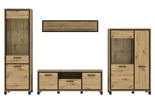 Forte Trondheim Wohnwand L 340 350, Moderne Wohnwand mit 4 Türen, 2 Glastüren, Schublade, Schrankwand, Holzwerkstoff, Artisan Eiche/Schwarzeiche Holzdekor, 344,2 cm breit x 208 cm hoch x 41,5 cm tief von Forte