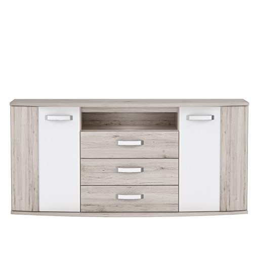 Forte RONDINO Highboard mit 3 Schubladen und 2 Türen, Holzwerkstoff, Sandeiche/Weiß Glanz, B x H x T: 169,6 x 81,5 x 47,5 cm von Forte Möbel