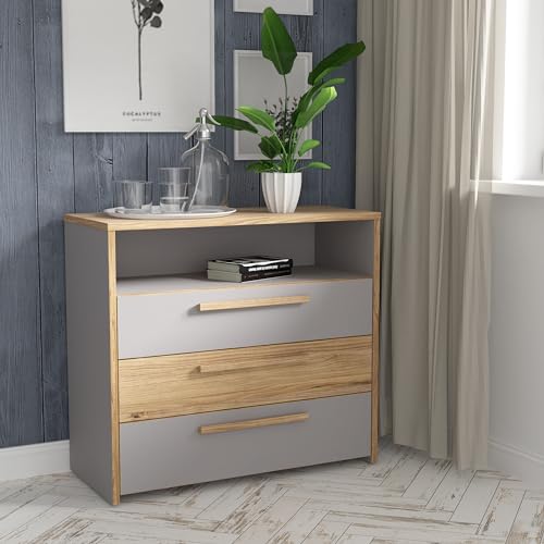 Forte SOKLOT Sideboard mit 3 Schubladen, Holzwerkstoff, Catania Eiche/Grau, B x H x T: 94,8 x 85,4 x 41,5 cm von Forte Möbel