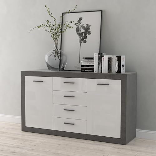 Forte TREBBIA Kommode mit 4 Schubladen und 2 Türen, Holzwerkstoff, Betonoptik Dunkelgrau/Weiß Glanz, B x H x T: 152,7 x 85,5 x 41 cm von Forte Möbel