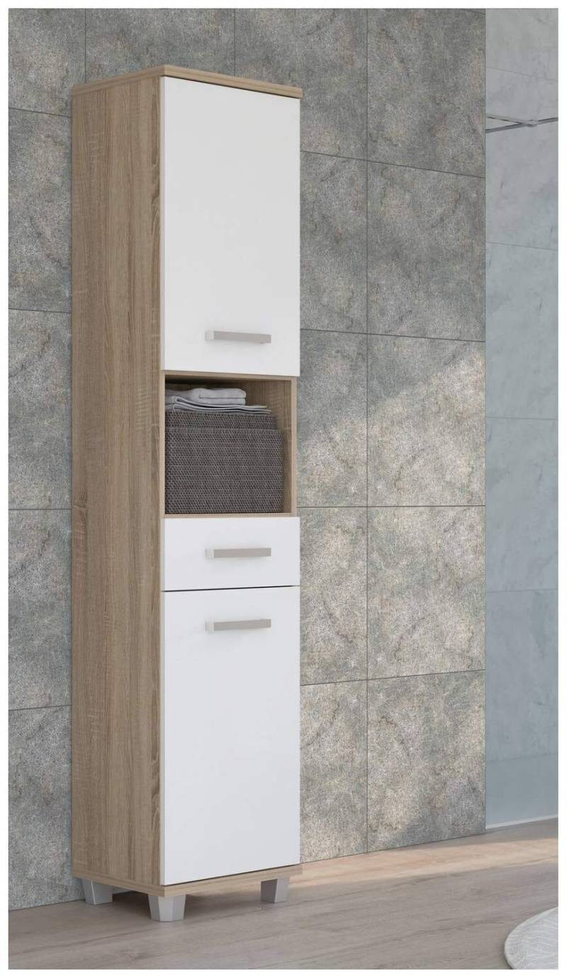 Badezimmer-Hochschrank VERIS 2 Türen Sonoma Eiche / Weiß glänzend von Forte