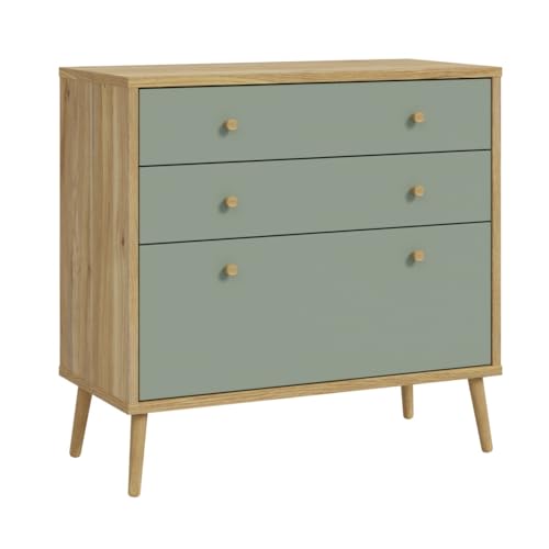 FORTE WHENUA Mid-Century Modern Kommode 90, Kommode mit 3 Schubladen, Sideboard, Holzwerkstoff, Mauvella Eiche Holzdekor, Salbei, 88,8 cm breit x 86,3 cm hoch x 41,5 cm tief von Forte