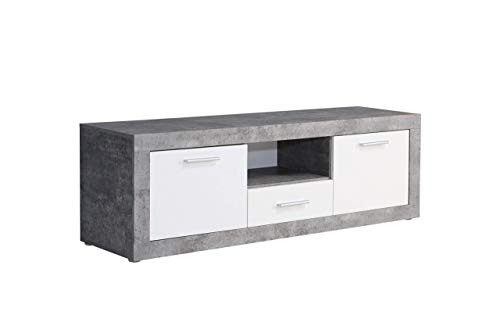 FORTE BACCIO TV-Unterschrank mit 2 Türen und 1 Schublade, Holzwerkstoff, Betonoptik Lichtgrau / Weiß, 147,8 x 49,9 x 41 cm von Forte
