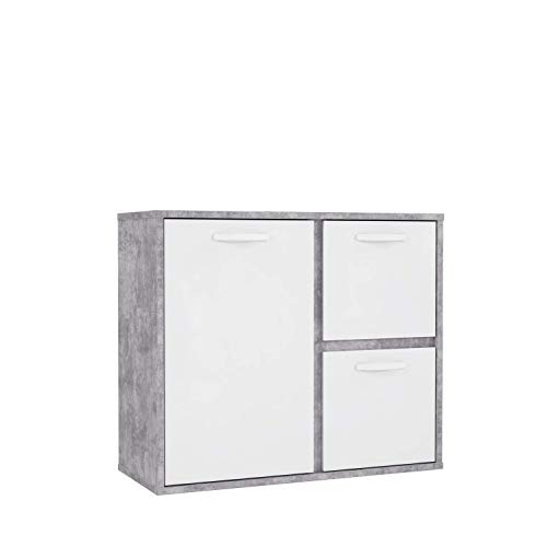 FORTE Canmore Kommode mit 3 Türen, Holzwerkstoff, Betonoptik Lichtgrau / Weiß Hochglanz, 99,5 x 86,3 x 41,5 cm von Forte