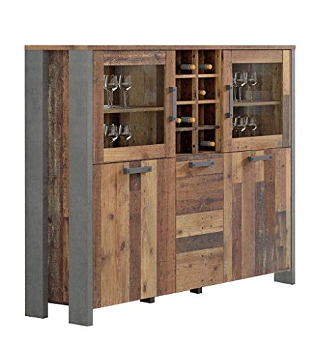 FORTE Clif Highboardvitrine mit 3 Türen unf 2 Glastüren, Holzwerkstoff, Old –Wood Vintage/ Betonoptik Dunkelgrau, 151,3 x 125,4 x 41,5 cm von Forte