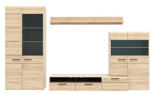 FORTE Combino Wohnwand mit 2 Türen, 3 Glastüren und 2 Schubladen, Holzwerkstoff, Sonoma Eiche/ Denver Eiche / Wenge, 197 x 330 x 52 cm von Forte