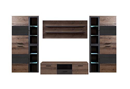 FORTE Durango Wohnwand mit 5 Türen, 3 Glastüren und 1 Schublade, Holzwerkstoff, Schwarz Eiche/Schlammeiche, 203 x 296 x 52 cm von Forte