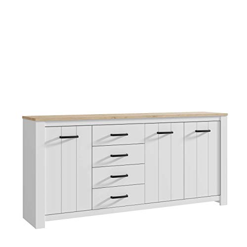FORTE Elara Kommode mit 3 Türen und 4 Schubladen, Holzwerkstoff, Weiß Matt / Bianco Eiche, 206 x 95,7 x 42,2 cm von Forte
