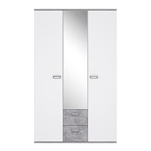 FORTE Emily Kleiderschrank mit 2 Türen, 1 Spiegeltür und 2 Schubladen, Holzwerkstoff, Betonoptik Lichtgrau kombiniert mit Weiß, 52,7 x 114,6 x 187,9 cm von Forte