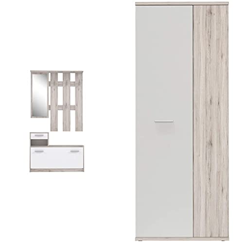 Forte Foxi Kompaktgarderobe inklusive Spiegel, Holzwerkstoff, Sandeiche Dekor, 97.5 x 25 x 180 cm & Net106 Schuhschrank mit 2 Türen, Holzwerkstoff, Sandeiche + Weiß, 68.90 x 34.79 x 179.1 cm von Forte