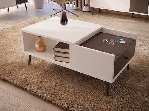 Forte Harllson, einfache Montage Dank EasyKlix Couchtisch Weiß mit Uni Wolfram Grau, Wohnzimmertisch mit Schublade, skandinavischer Stil, Retro, 106 cm breit x 45 cm hoch x 60 cm tief von Forte